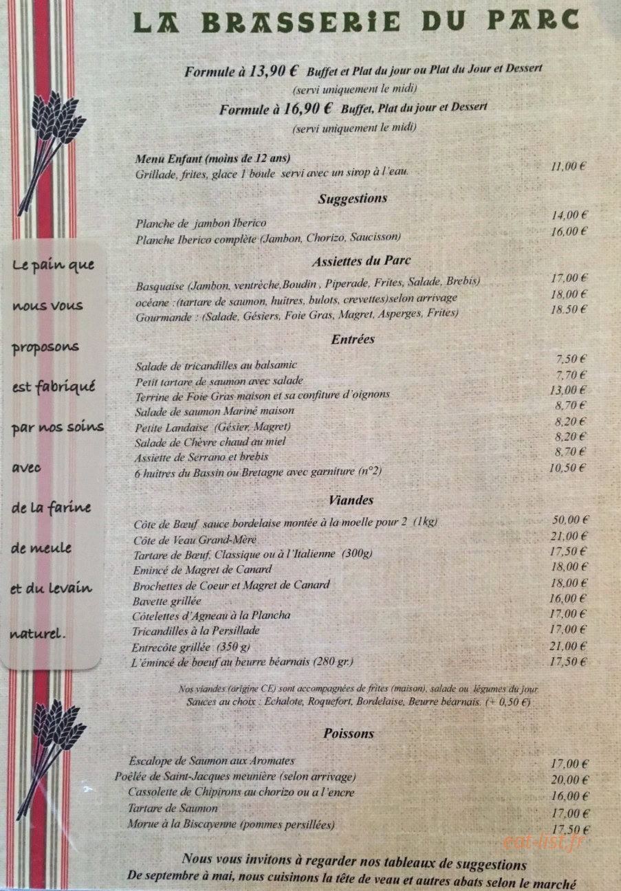 Brasserie du Parc — carte page 1