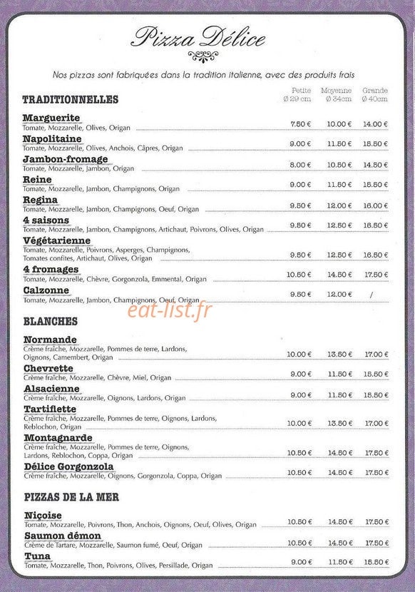 Pizza Délice — carte page 1