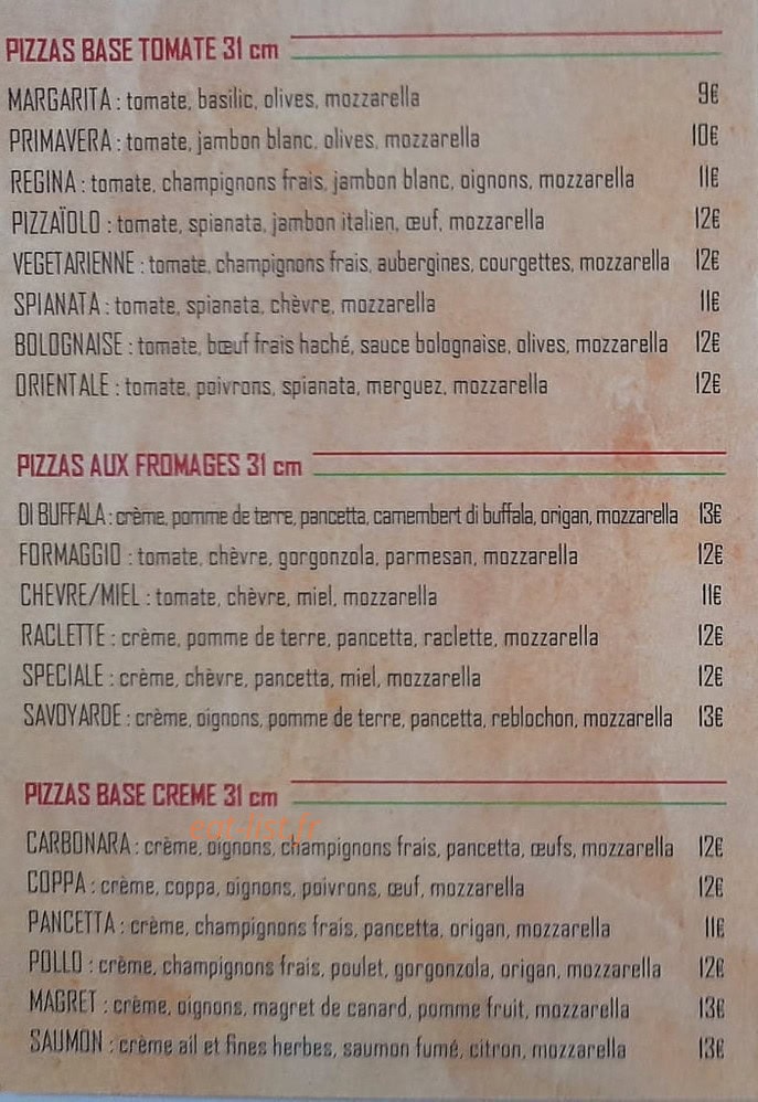 Carte et menu de Au Fil du Dropt à Gironde sur Dropt — Les pizzas