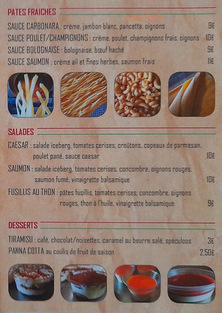 Carte et menu de Au Fil du Dropt à Gironde sur Dropt — Les pates, salades, ...