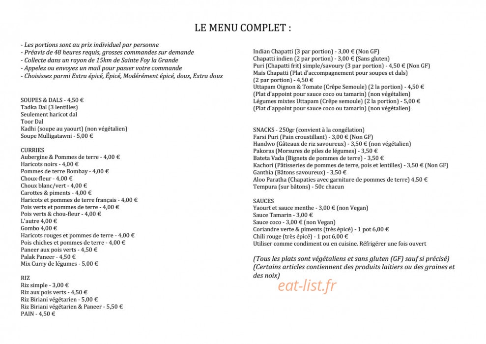Carte et menu de Ela's Vegetarian Indian Cuisine à Saint Avit Saint Nazaire — La carte