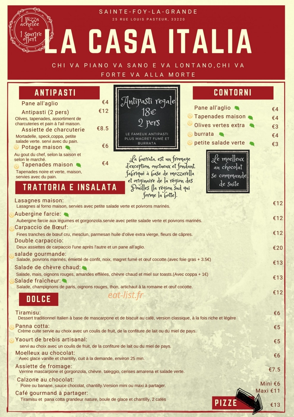 Carte et menu de Casa italia à Sainte Foy la Grande — Antipasti, dolce, contorni