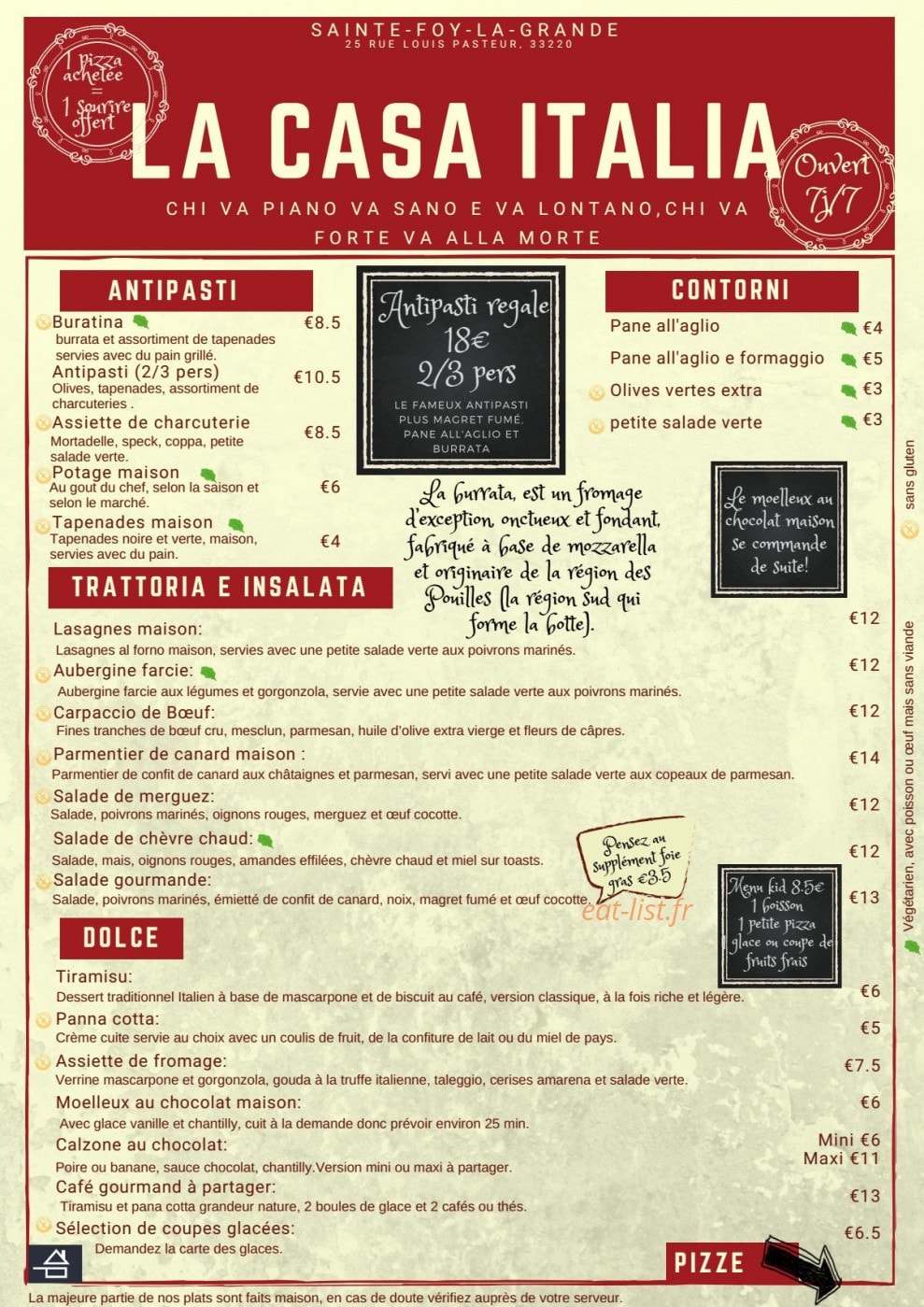 Carte et menu de Casa Italia à Sainte Foy la Grande — Antipasti, contorni, trattoria,...