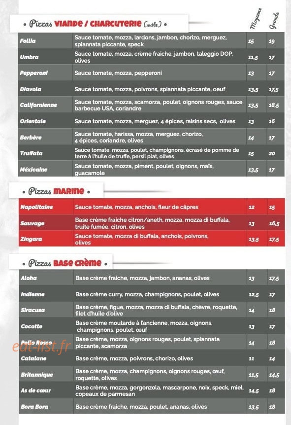 Carte et menu de Come in Italia à Sainte Foy la Grande — Les pizzas suite