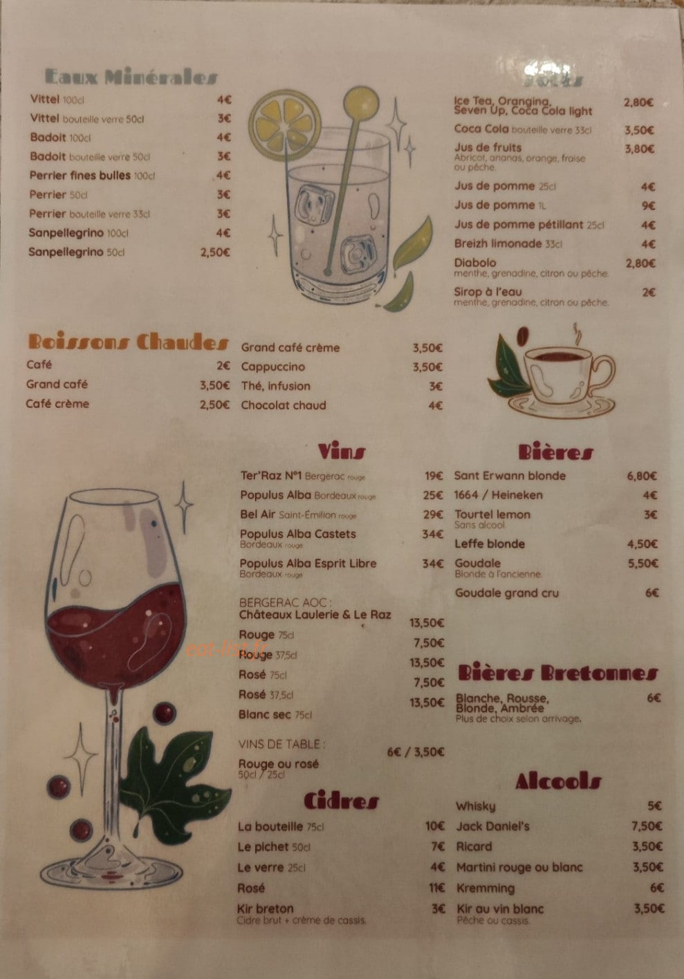 Carte et menu de Crêperie A l'Abri Du Temps à Sainte Foy la Grande — Les eaux minérales, softs, ...