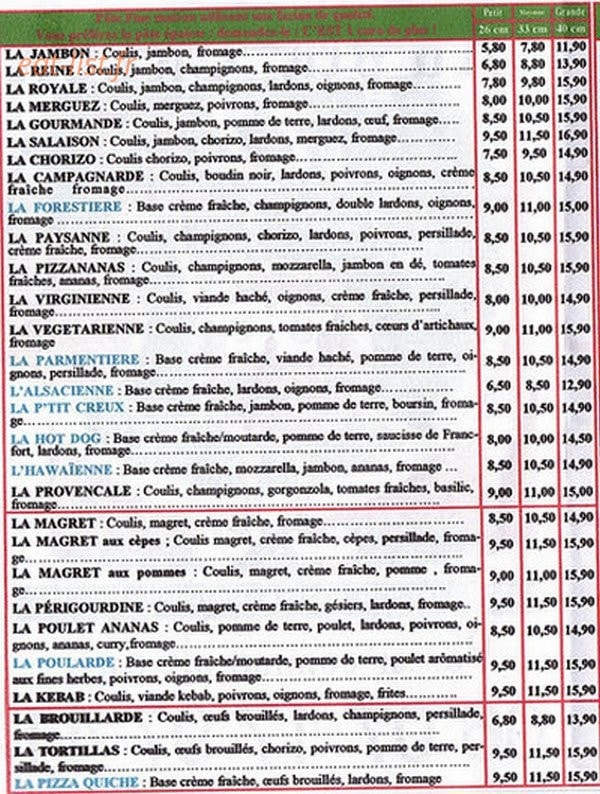 Carte et menu de Au P'tit Creux Pizzas à Cadillac en Fronsadais — Les pizzas