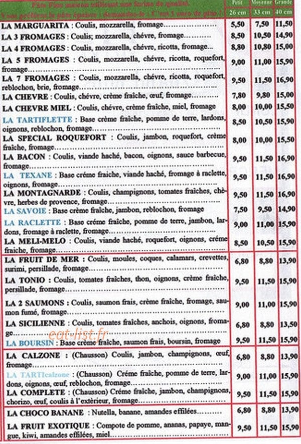 Carte et menu de Au P'tit Creux Pizzas à Cadillac en Fronsadais — Les pizzas suite