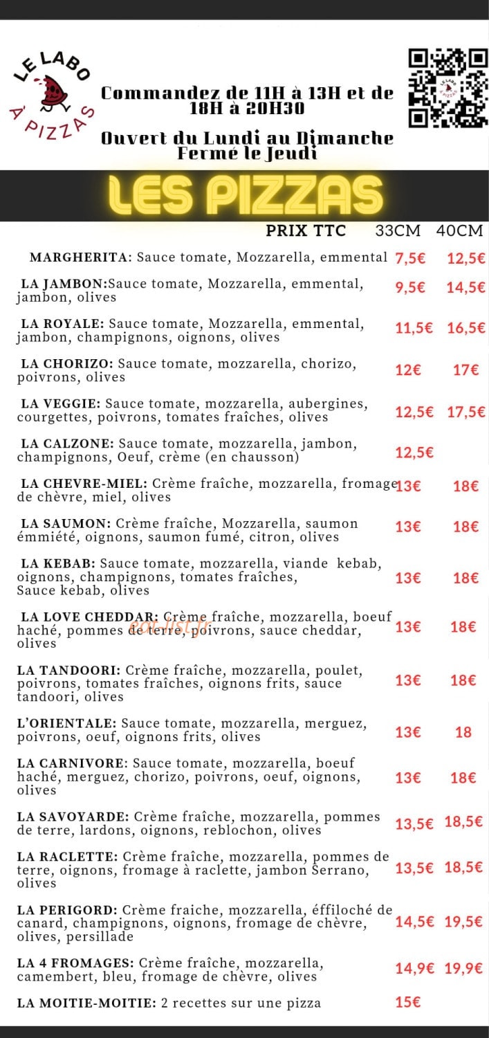 Le labo à Pizzas — carte page 1