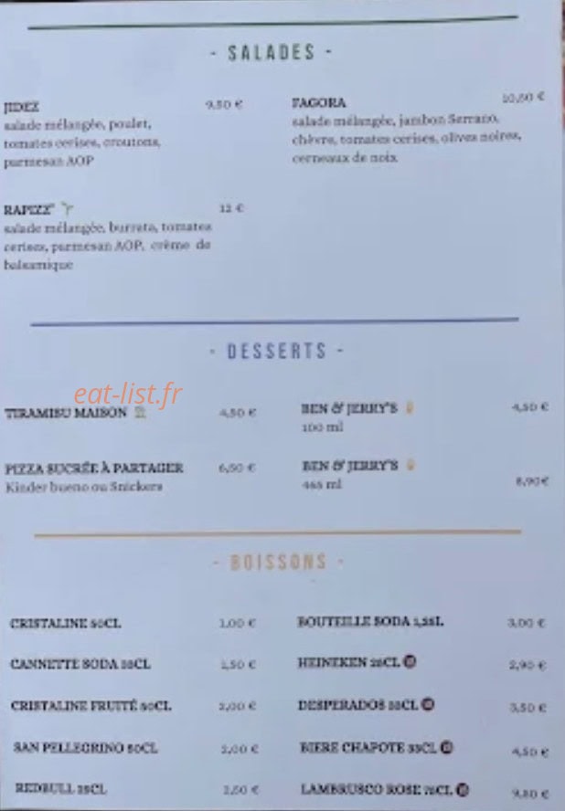 Carte et menu de Eat Rapizz’ à Saint Andre de Cubzac — Salades, desserts, boissons