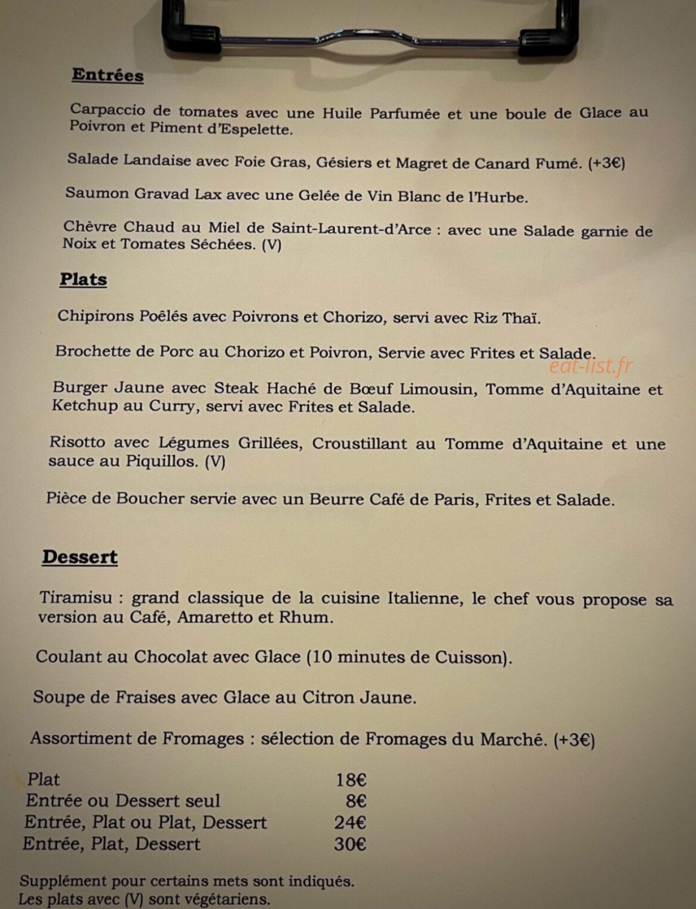 Le Vigneron à Table — carte page 1