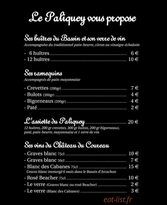 Carte et menu de La Cabane du Paliquey à La Teste de Buch — Les huîtres, les ramequins,.....