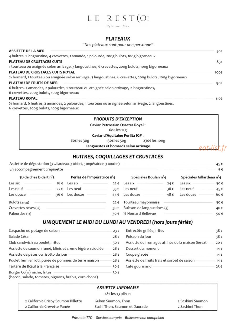 Carte et menu de La Coorniche à La Teste de Buch — Plateaux...
