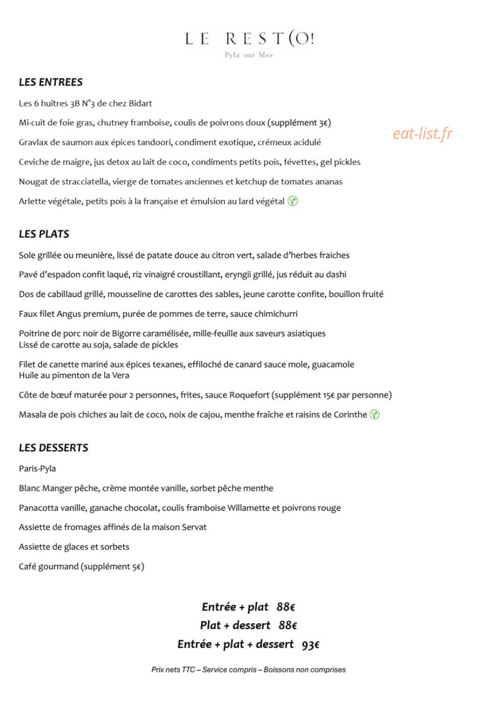 Carte et menu de La Coorniche à La Teste de Buch — Entrées, plats...