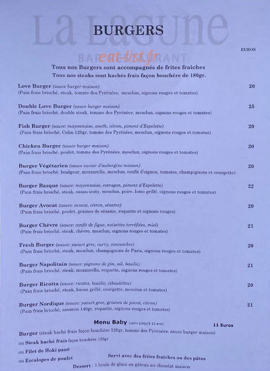 La Lagune Cafe — carte page 1