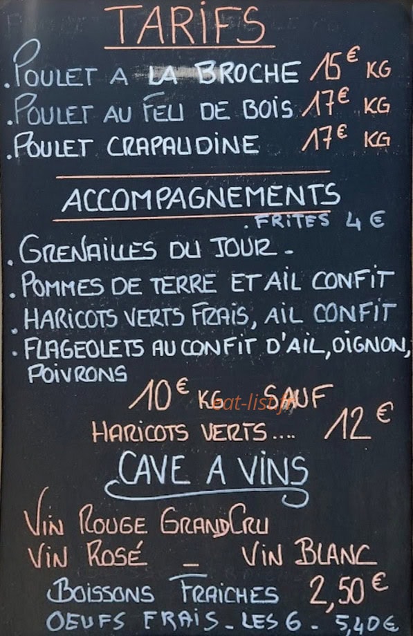 Carte et menu de La Rôtisserie chez Gus à La Teste de Buch — Exemple de menu