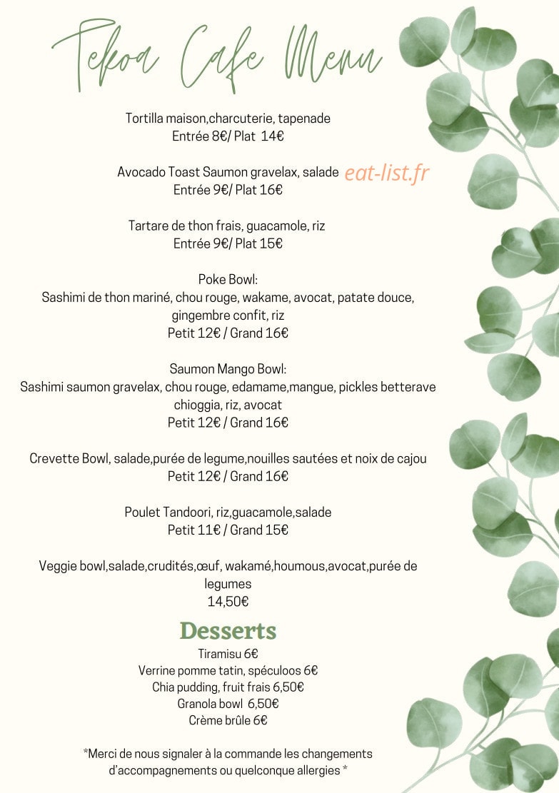 Tekoa Café — carte page 1