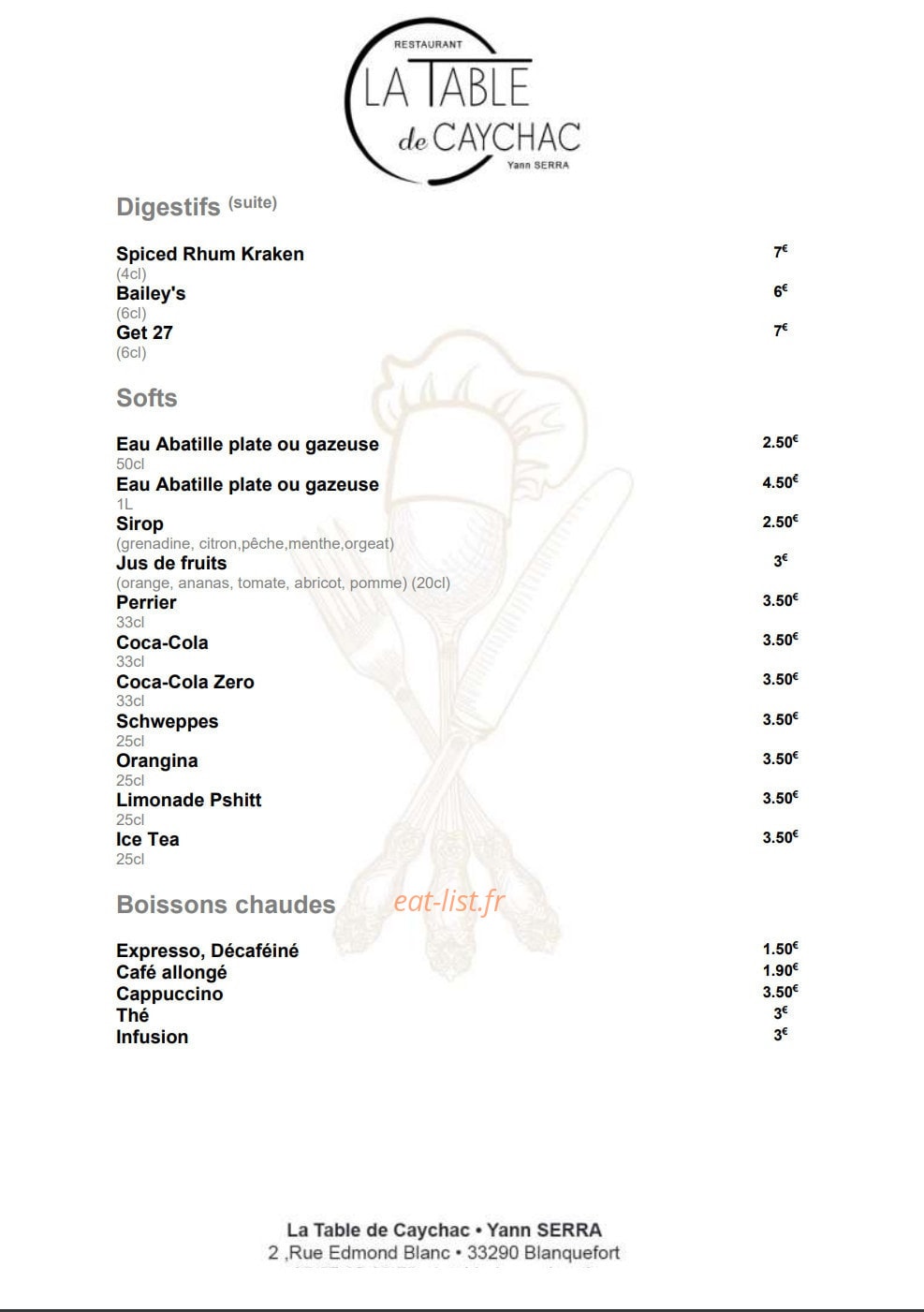 La Table de Caychac — carte page 7