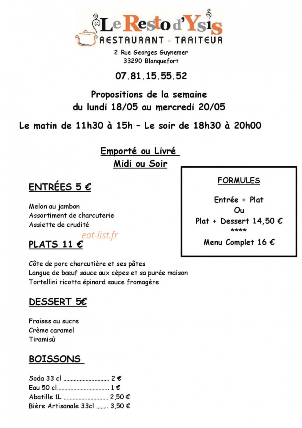 LE RESTO D'YSIS — carte page 1