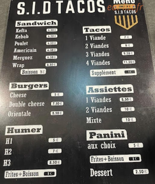 Sid Tacos — carte page 1
