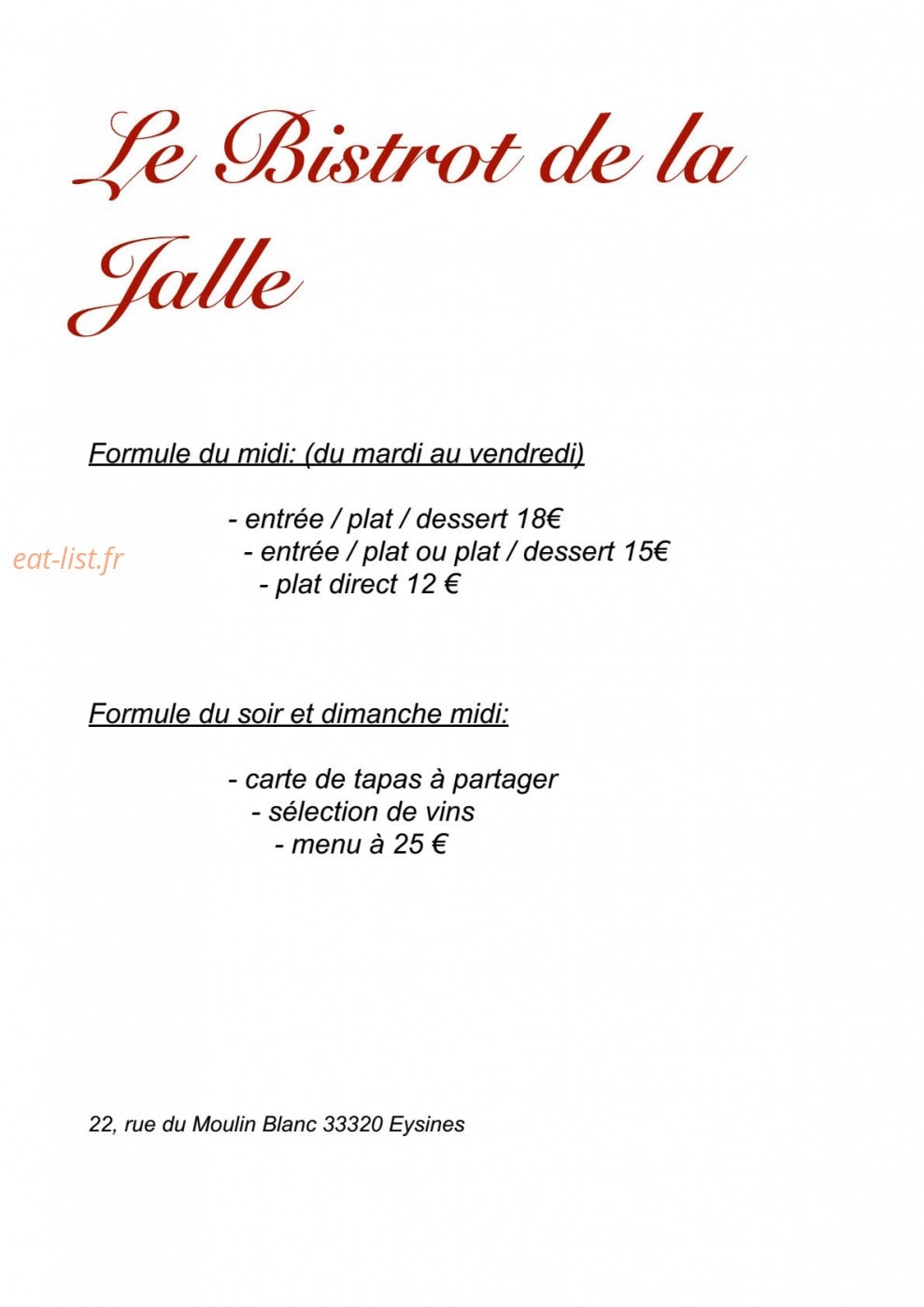 Bistrot de la Jalle — carte page 1