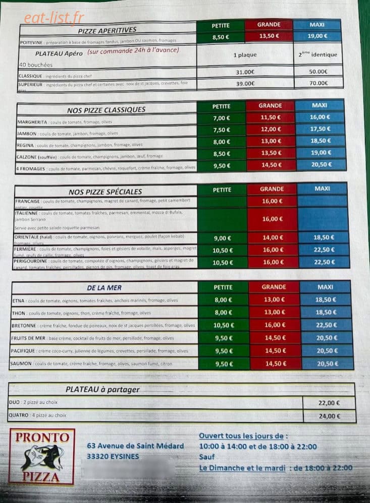Pronto Pizza — carte page 2