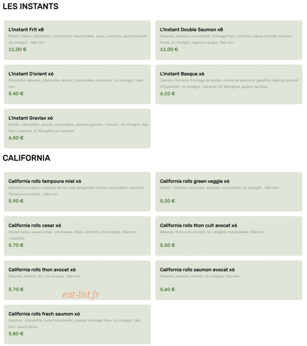 Carte et menu de L'Instant Sushi à Le Taillan Medoc — Les instants et california
