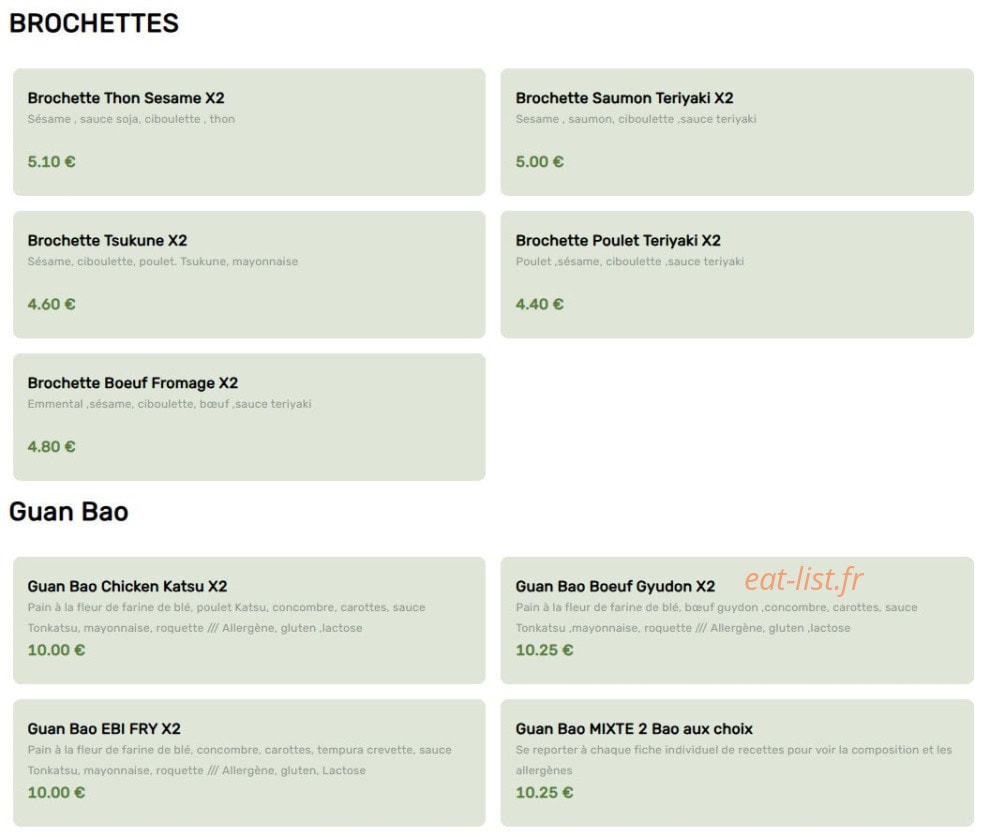 Carte et menu de L'Instant Sushi à Le Taillan Medoc — Les brochettes et guan bao