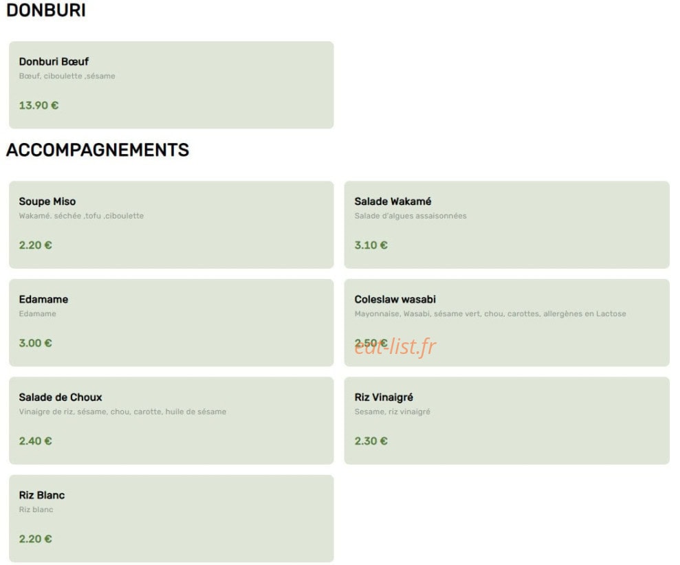 Carte et menu de L'Instant Sushi à Le Taillan Medoc — Donburi et accompagnements