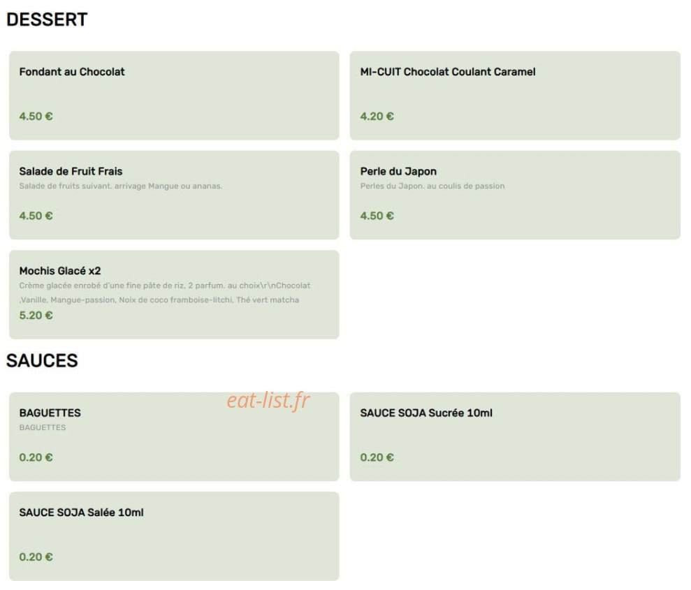 Carte et menu de L'Instant Sushi à Le Taillan Medoc — Les desserts et sauces