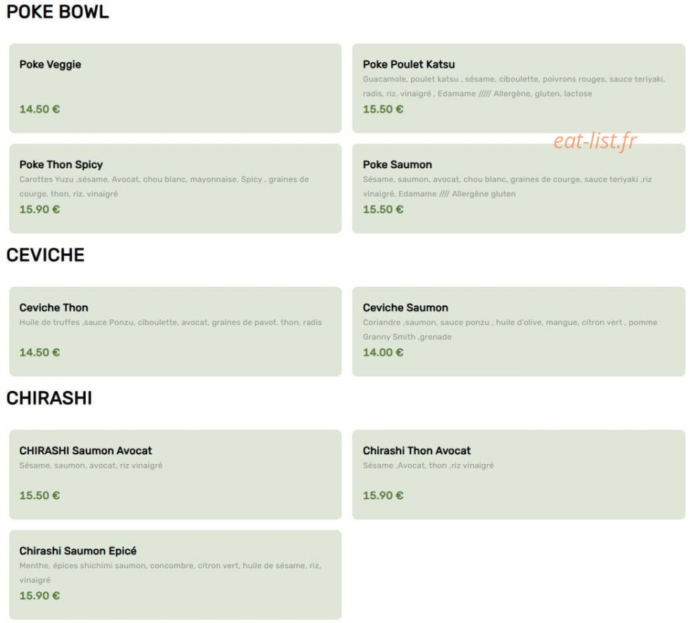 Carte et menu de L'Instant Sushi à Le Taillan Medoc — Les poké bowls, ceviches et chirashi