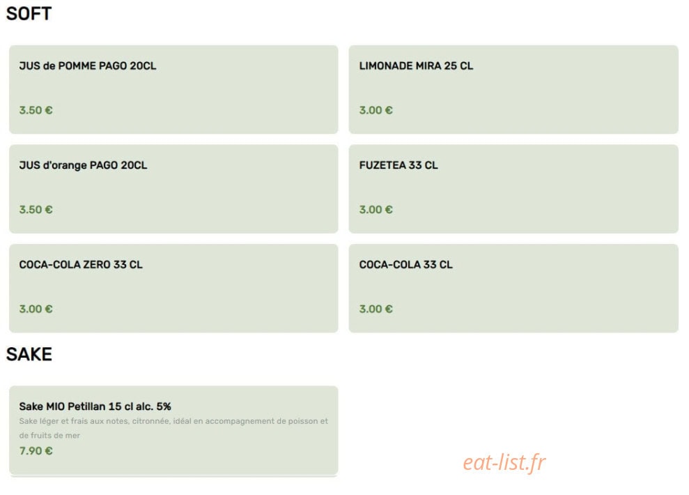 Carte et menu de L'Instant Sushi à Le Taillan Medoc — Les softs et sake