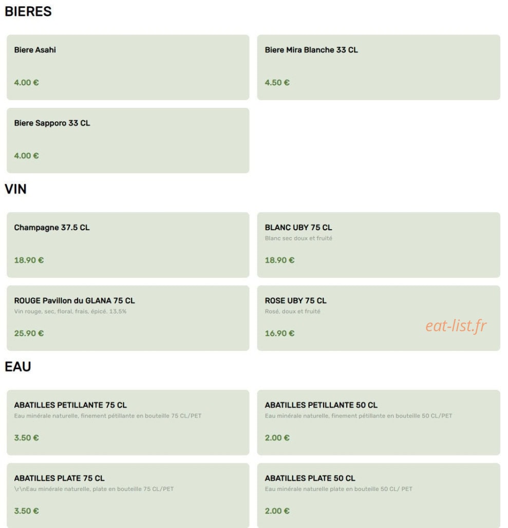Carte et menu de L'Instant Sushi à Le Taillan Medoc — Les bières et eaux