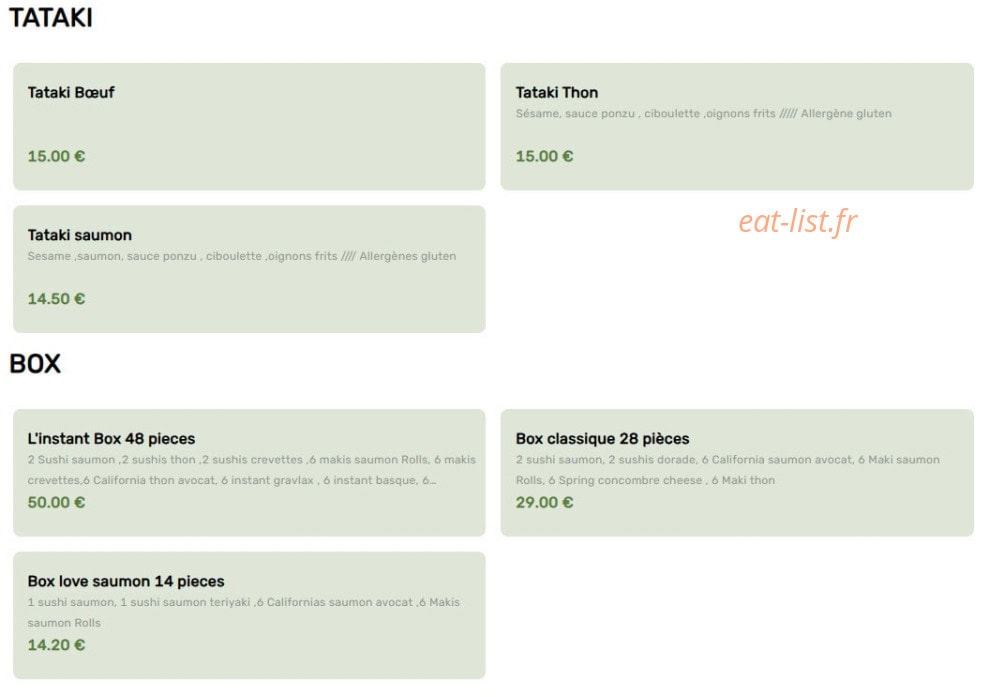 Carte et menu de L'Instant Sushi à Le Taillan Medoc — Tataki et box