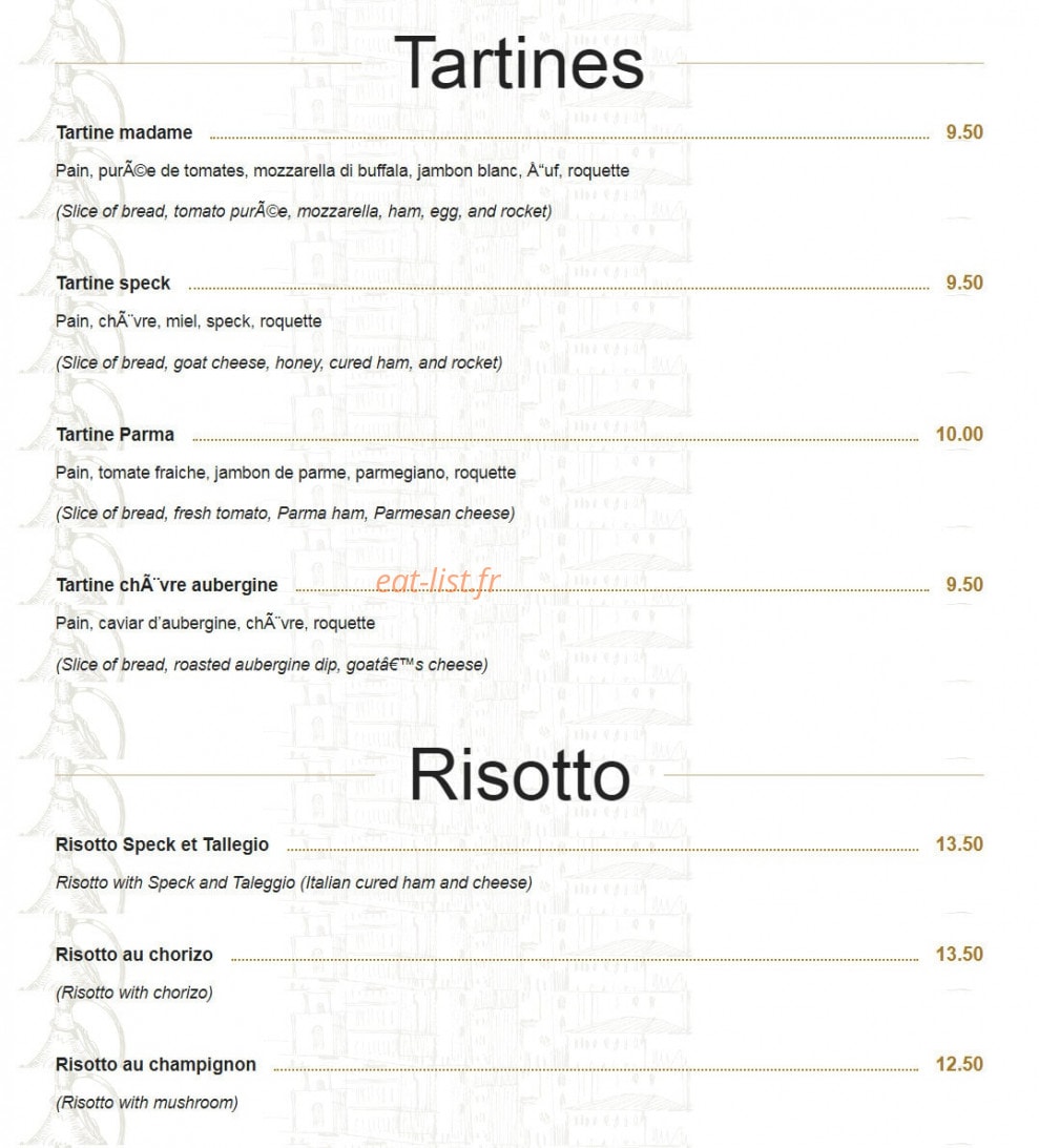 Carte et menu de La Pizzeria du Vieux Lavoir à Saint Emilion — Les tartines et risotto