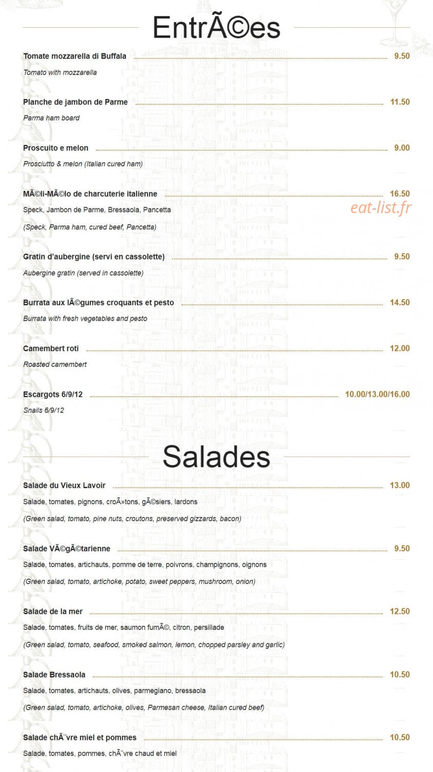 Carte et menu de La Pizzeria du Vieux Lavoir à Saint Emilion — Les entrées et salades