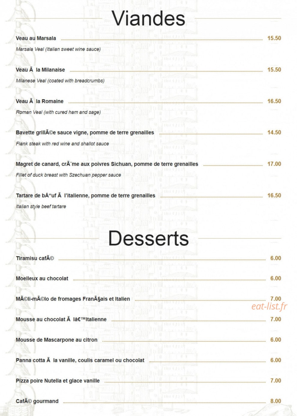 Carte et menu de La Pizzeria du Vieux Lavoir à Saint Emilion — Les viandes et desserts