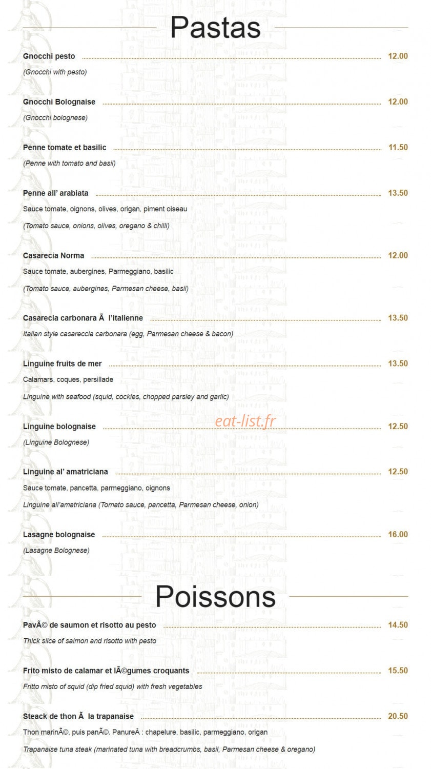 Carte et menu de La Pizzeria du Vieux Lavoir à Saint Emilion — Les pâtes et poissons