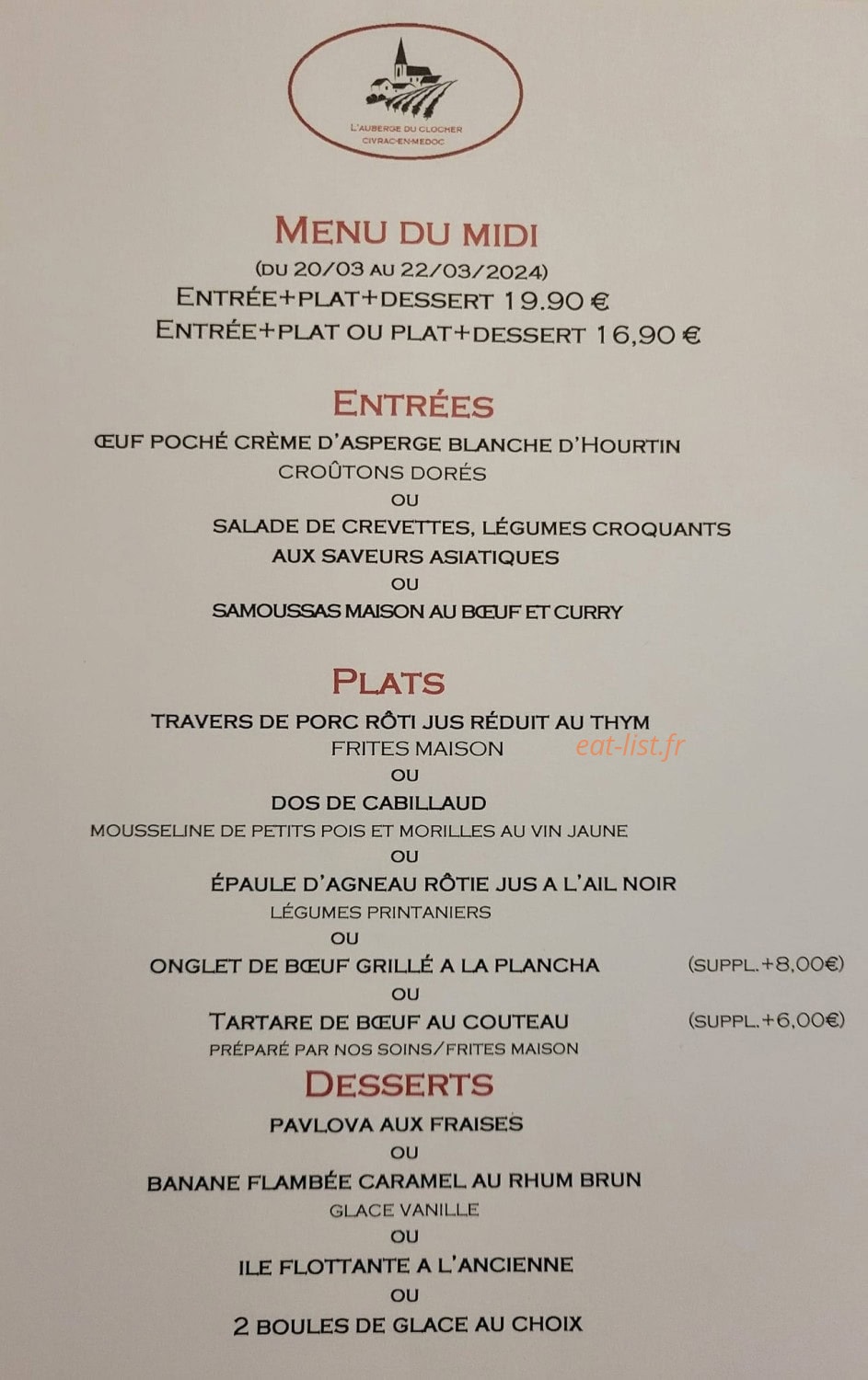 L'auberge du clocher — carte page 1