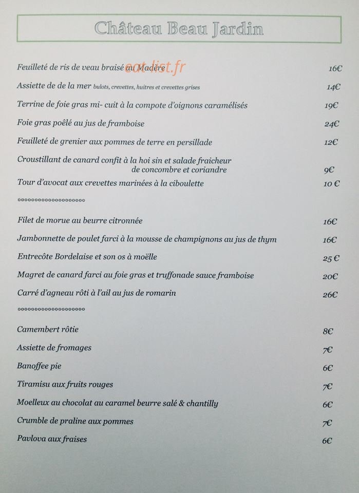 Carte et menu de Château Beau Jardin à Gaillan en Medoc — Plats