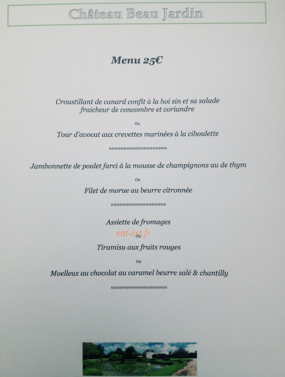 Carte et menu de Château Beau Jardin à Gaillan en Medoc — Menu 25€