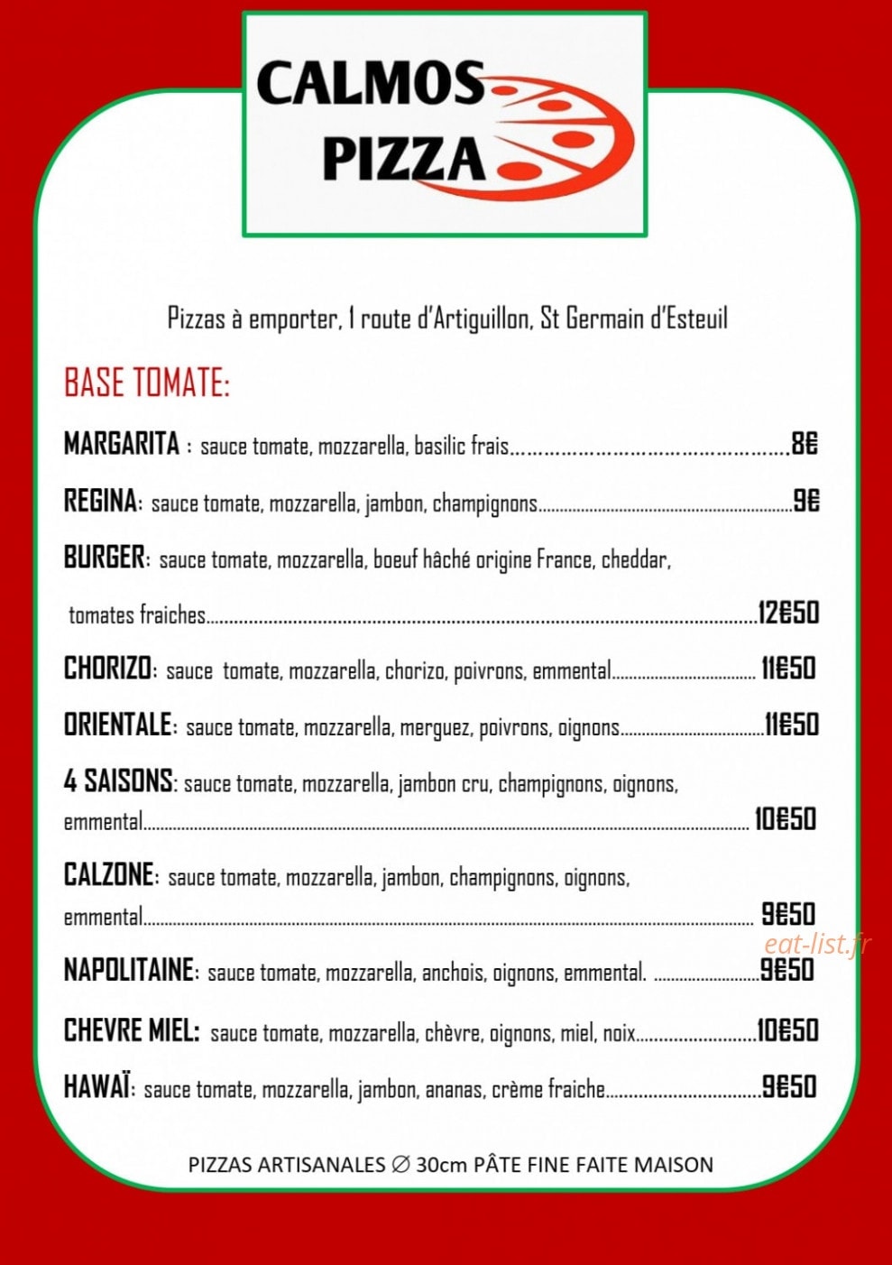 Calmos Pizza — carte page 1