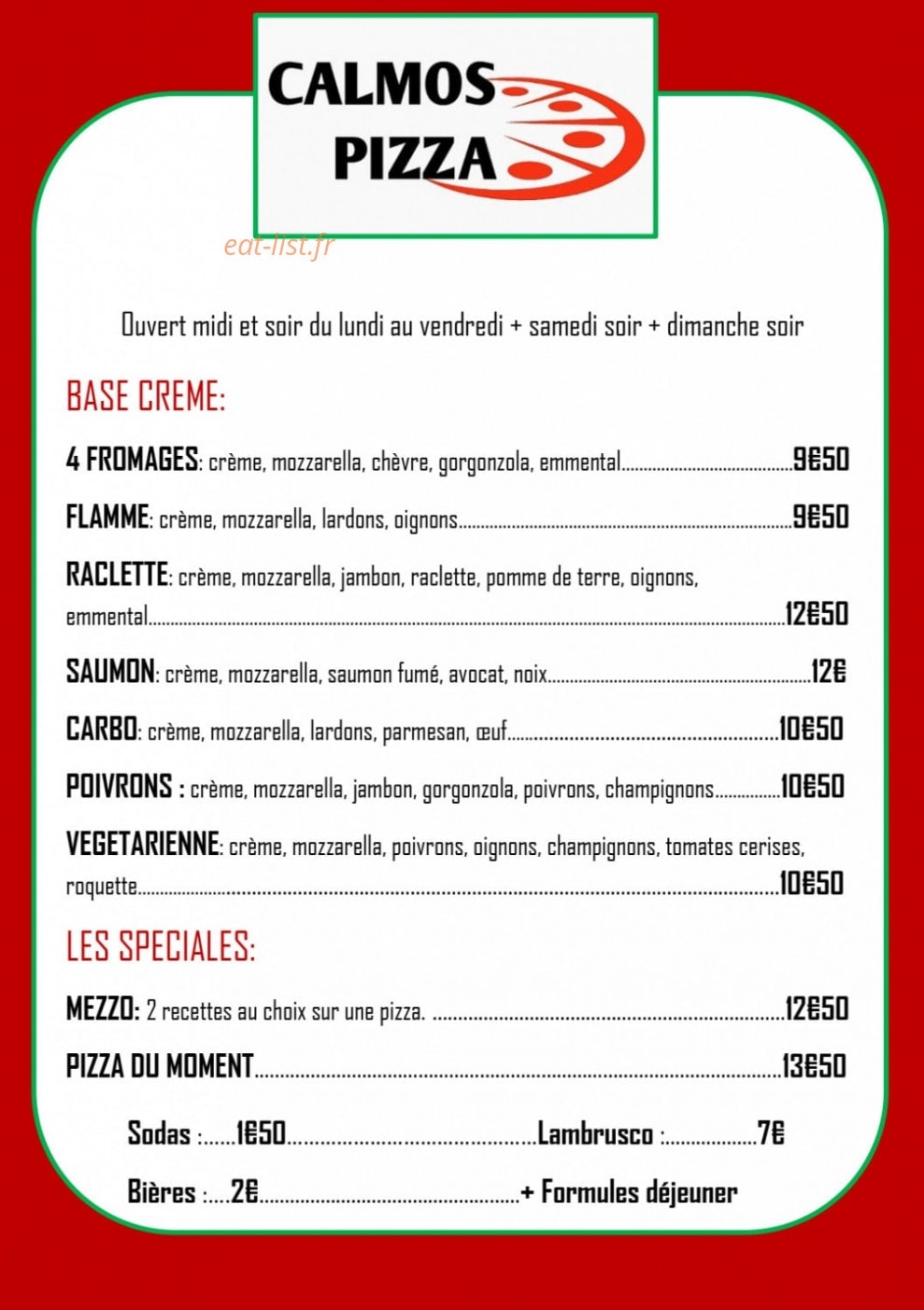 Calmos Pizza — carte page 2
