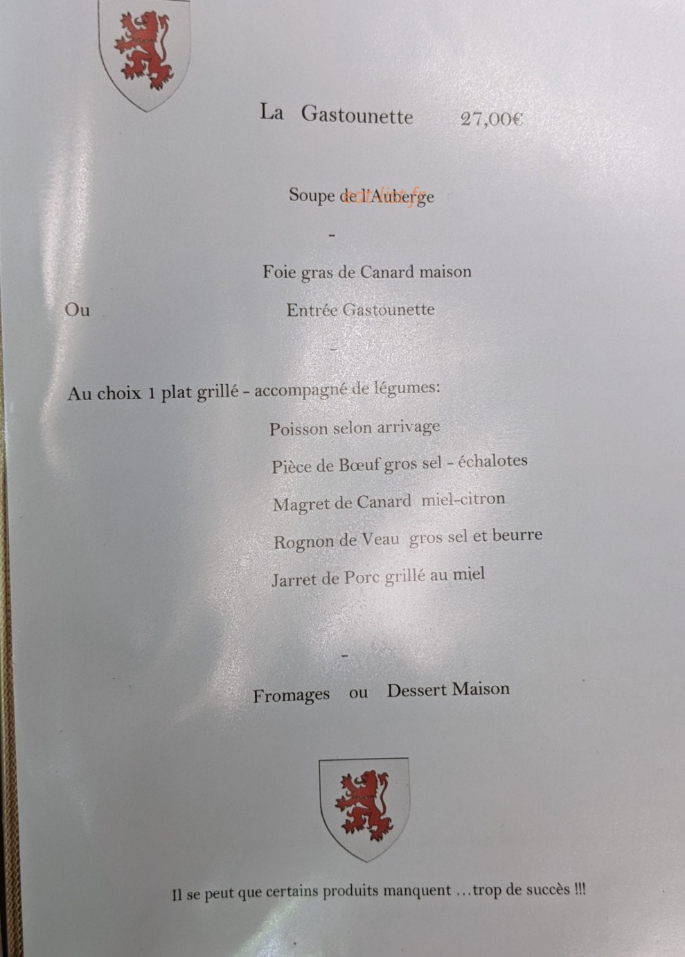 Auberge Gasconne — carte page 2