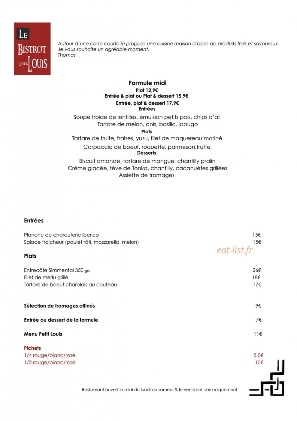Le Bistrot chez Louis — carte page 1