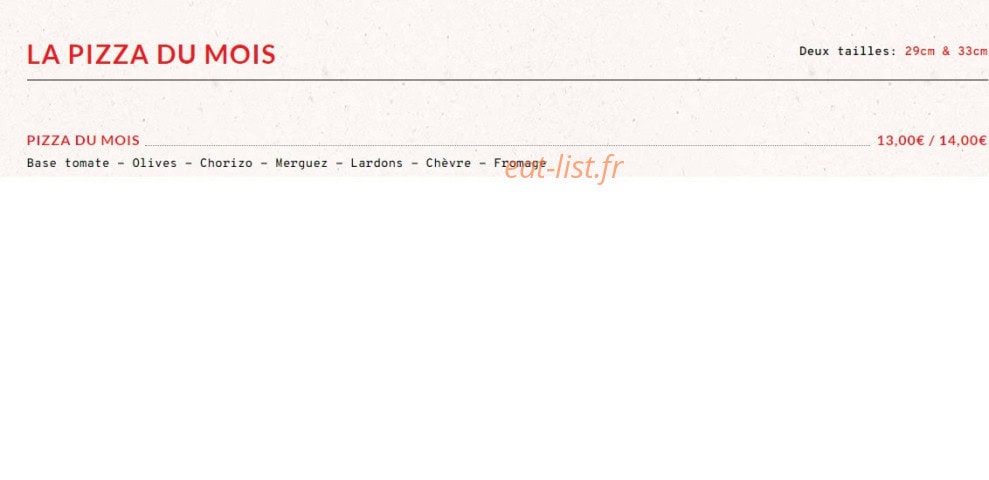 Carte et menu de Pizz'Artigues à Artigues Pres Bordeaux — La pizza du mois