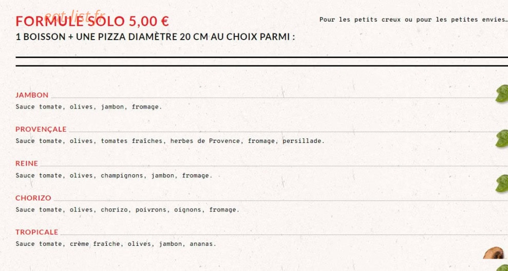 Carte et menu de Pizz'Artigues à Artigues Pres Bordeaux — Les formules solo