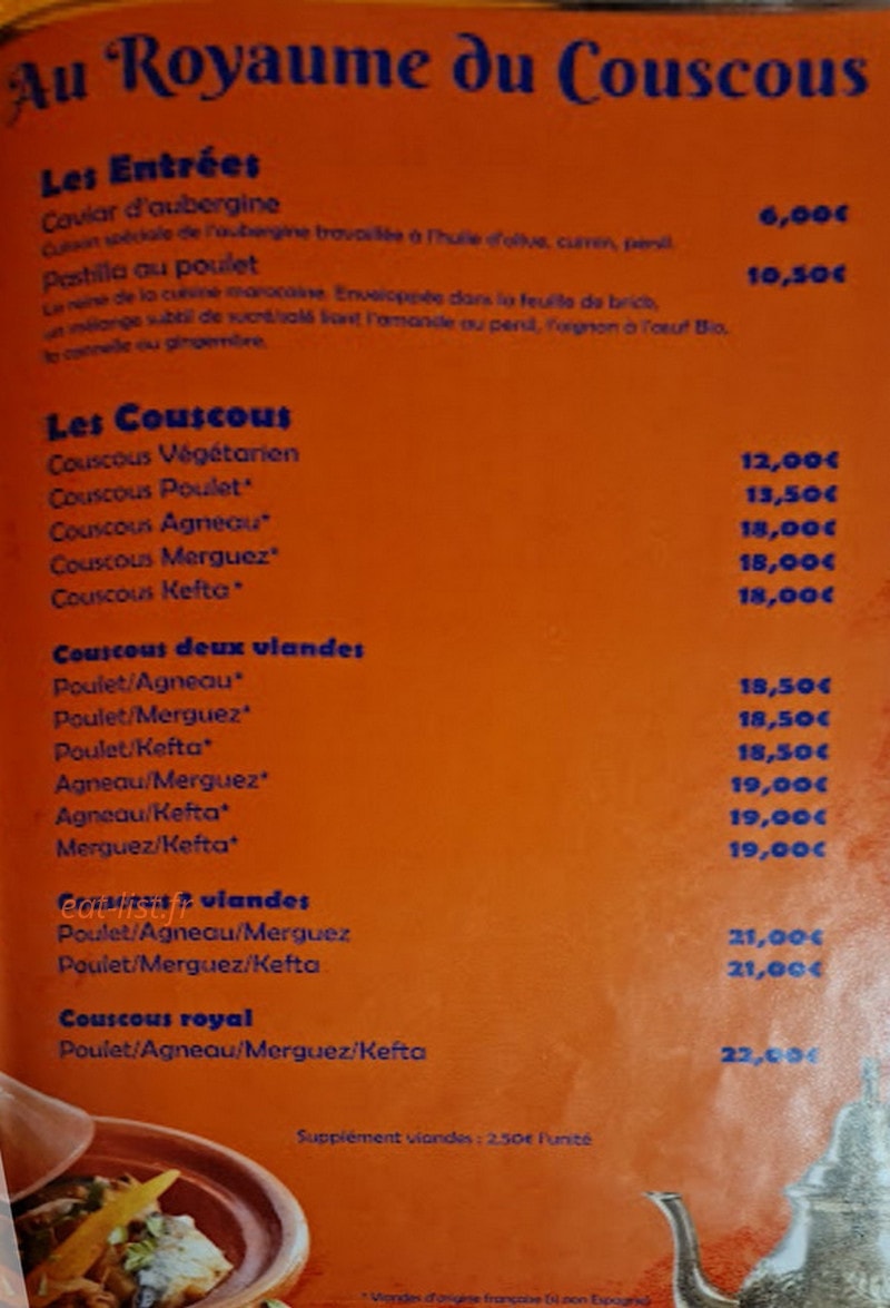 Carte et menu de Au Royaume du Couscous à Fargues Saint Hilaire — Les entrées et couscous