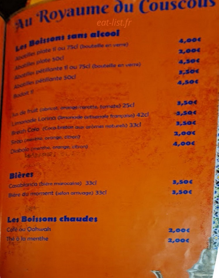 Carte et menu de Au Royaume du Couscous à Fargues Saint Hilaire — Les boissons sans alcool, bières et boissons chaudes