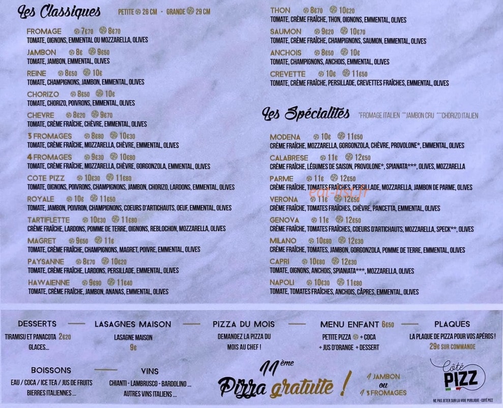 Coté Pizz — carte page 1