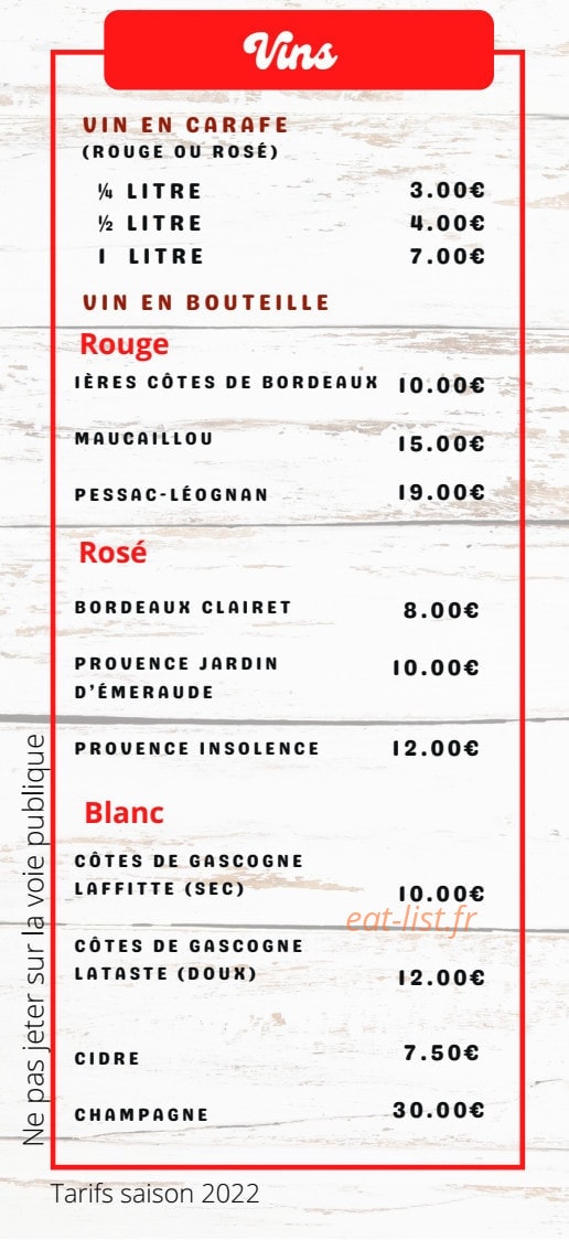 Carte et menu de Rôtisserie Du Val De L'eyre à Mios — Les vins